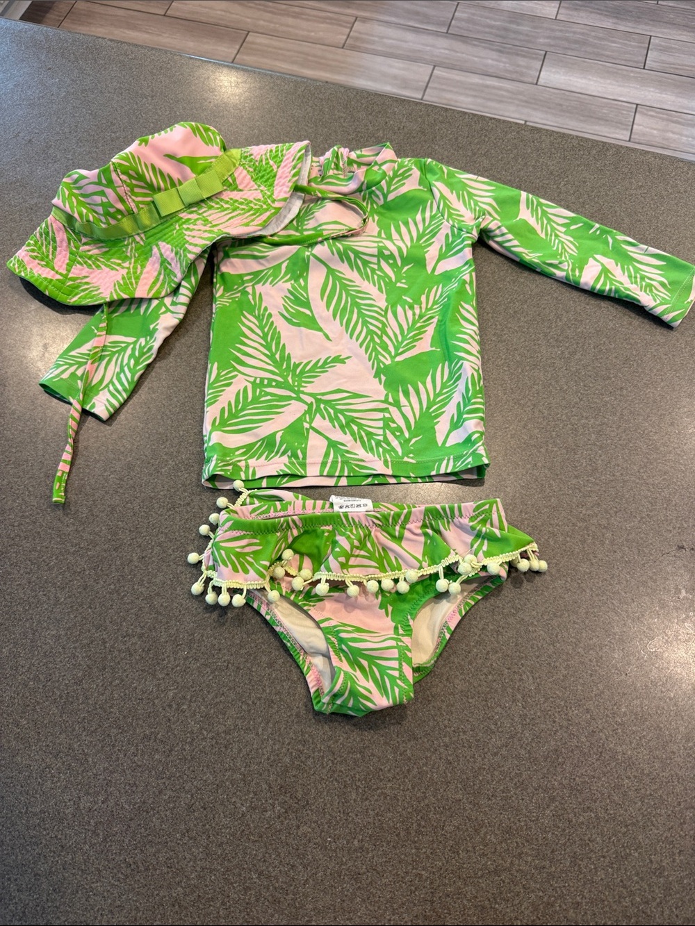 Pink and Green Leaf Print Rash Guard Set with Pom Bikini and Sun Hat